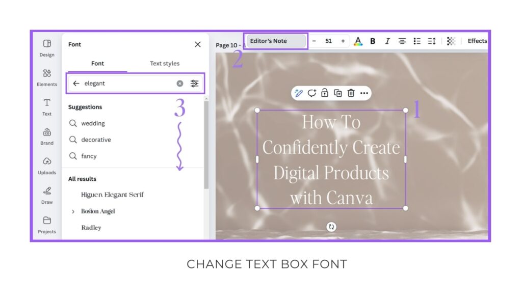 Screenshot showing steps to change the font of a text box in Canva