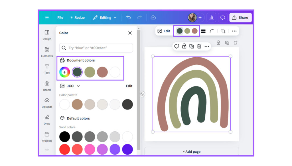 Screenshots of steps to change the color of a Canva element