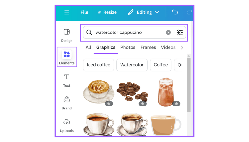 Screenshot example of a Canva Keyword Search for the keyword watercolor cappuccino