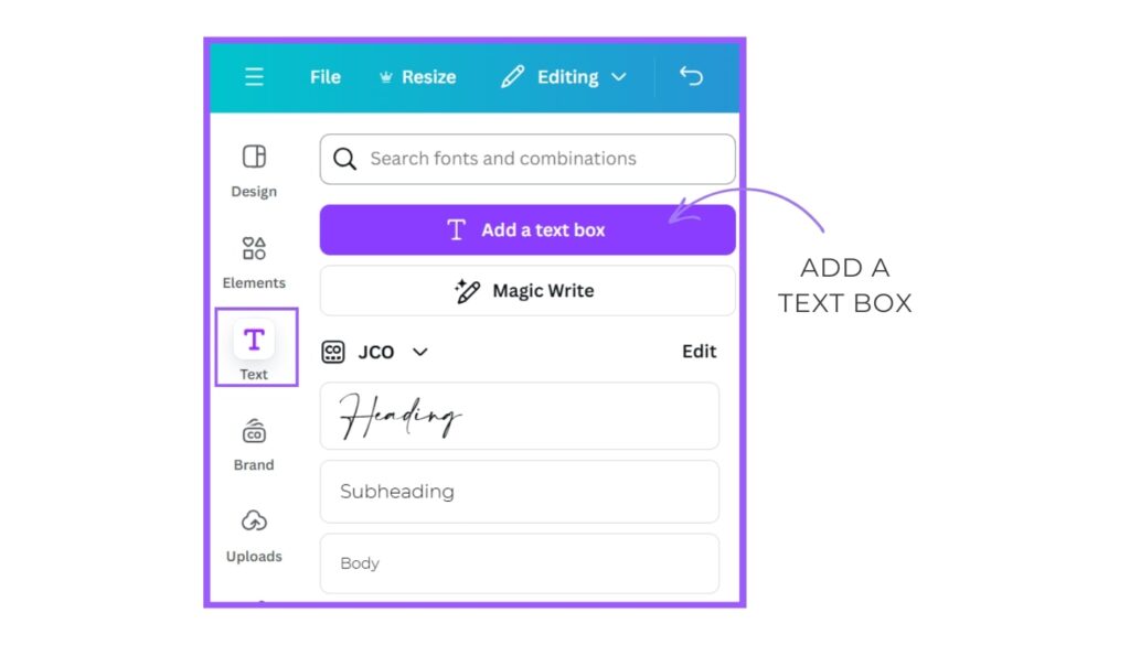 Screenshot of how to add a text box to a design in the Canva app