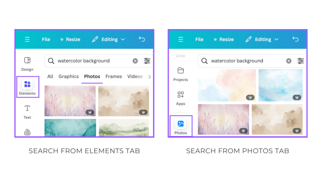 Screenshots of two ways to search for background elements in Canva