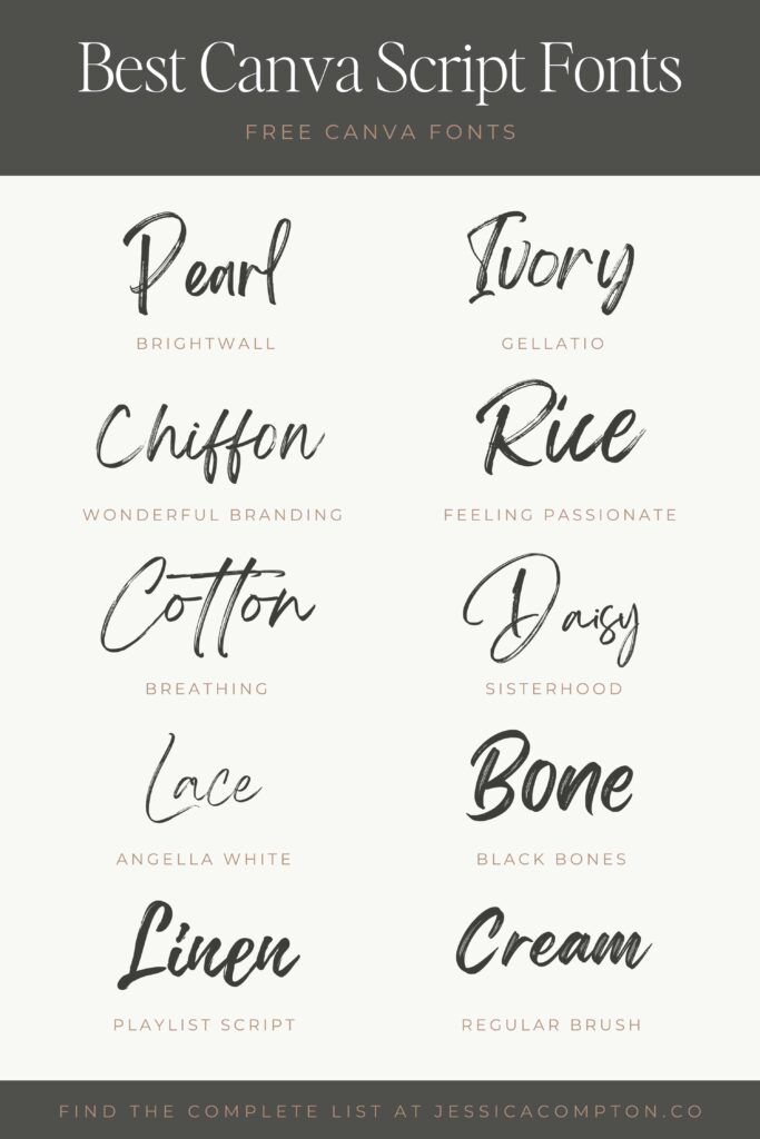 Pin listing 10 of the best free brush fonts on Canva