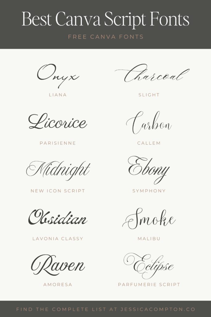 Pin listing 10 of the best free calligraphy fonts on Canva