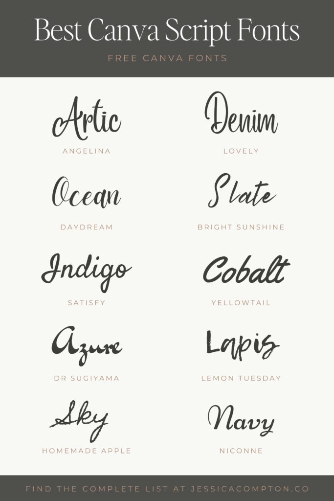 Pin listing 10 of the best free script fonts on Canva