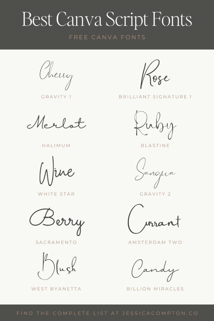 Pin listing 10 of the best free signature fonts on Canva