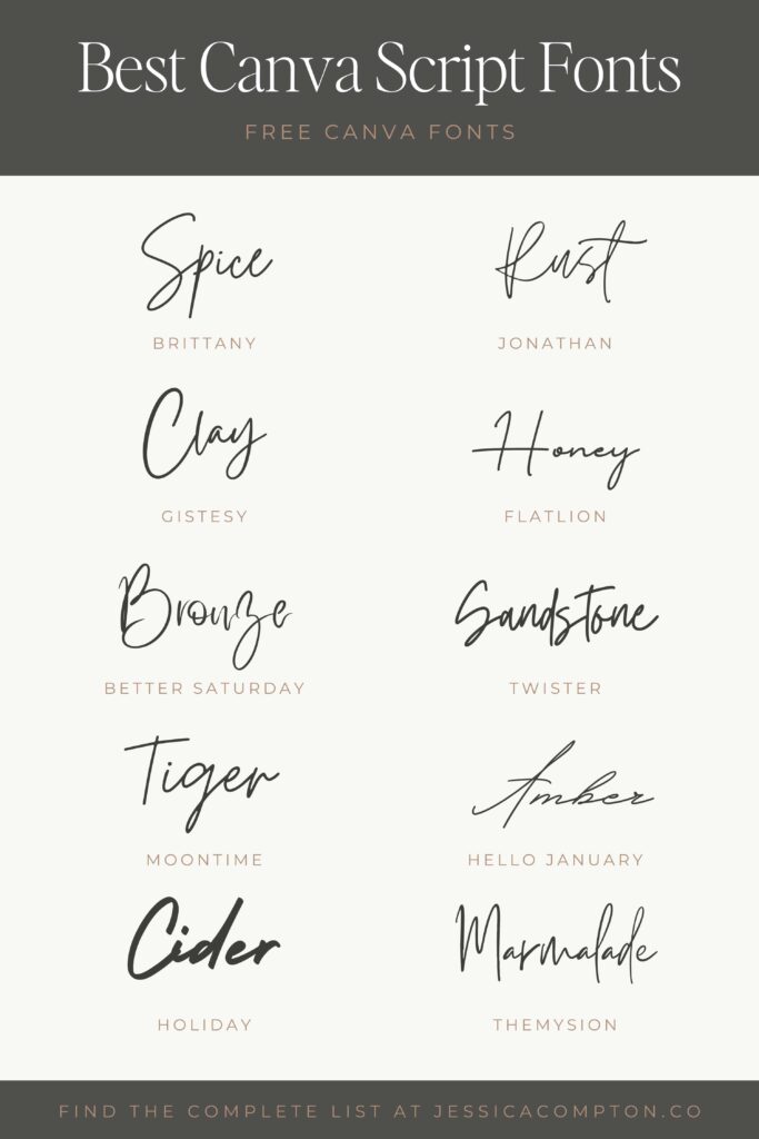 Pin listing 10 of the best free thin script fonts on Canva