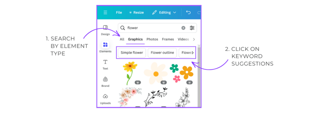 Screenshot to show how to refine Canva element searches by element type and keyword suggestions